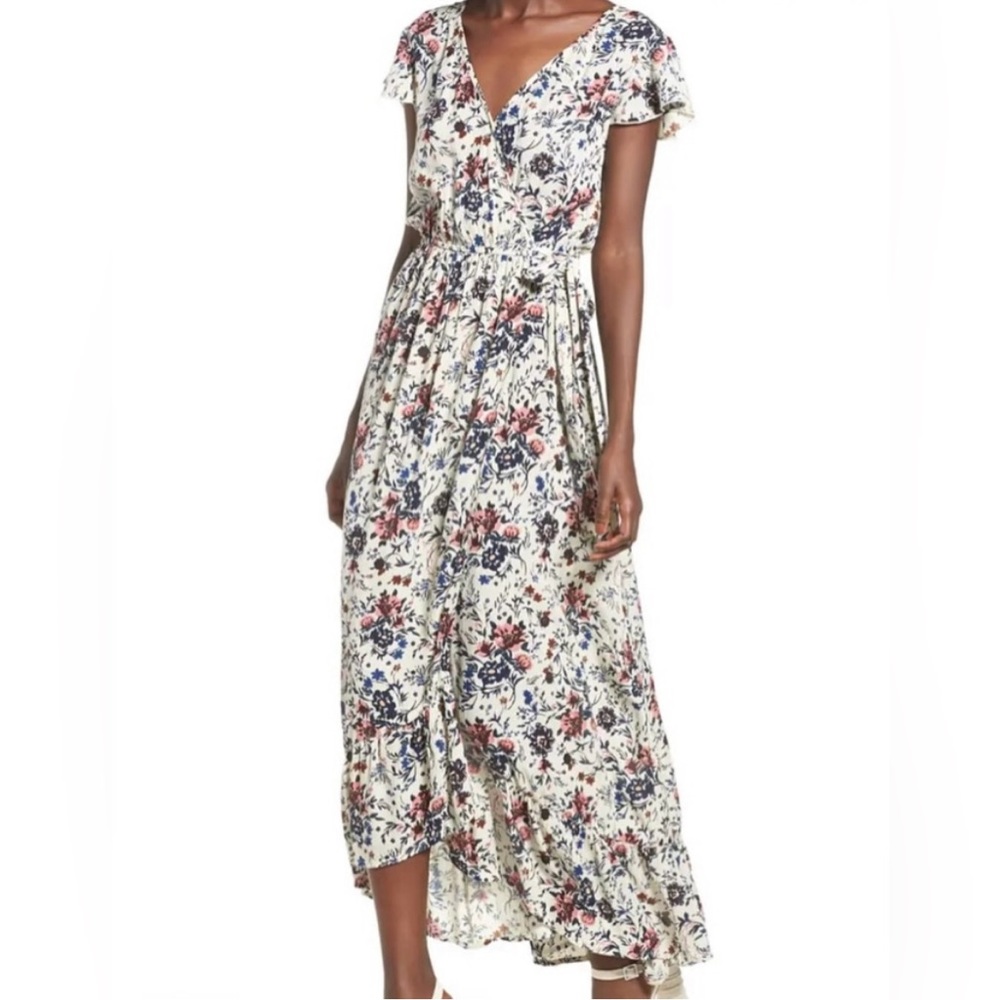 BOG Collection Floral Faux Wrap Maxi Dress Pink Ivory Blue Size large